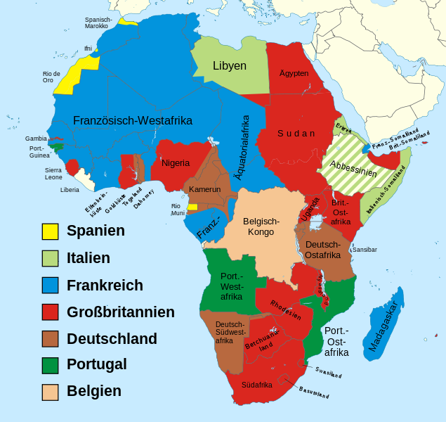Afrikakarte mit den europäischen Kolonialgebieten (c) wikicommons